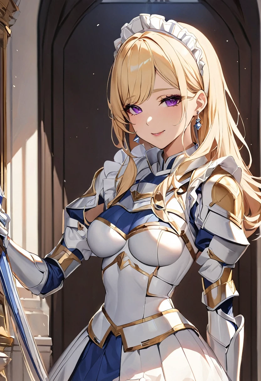 masterpiece、Highest quality、Ultra-high resolution、Maximum resolution、Very detailed、Professional Lighting、anime、Adult female、thin、so beautiful、Beautiful Face、Maid Skirt、((Blue and white armor))、Shiny Armor、Holding a bow、Gold earrings、blonde、Purple eyes、Pink Lips、In front of the entrance、Long Shot