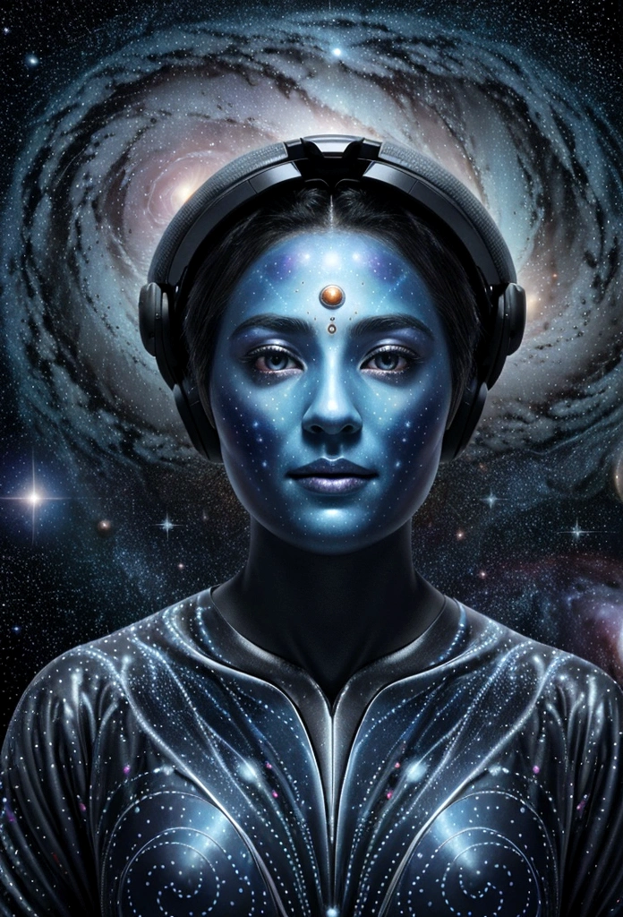 Create an image, which will depict a surreal space, covered with a complex and vibrant cosmic pattern. The pattern should include vortex galaxies, bright nebulae and shining stars against the backdrop of deep space. In the center is the figure of a man and all these cosmic vortices are pouring into his mind. The general atmosphere should evoke a feeling of an endless universe, meeting modern technologies in harmonious combination. high quality, hyperrealism, 8 k