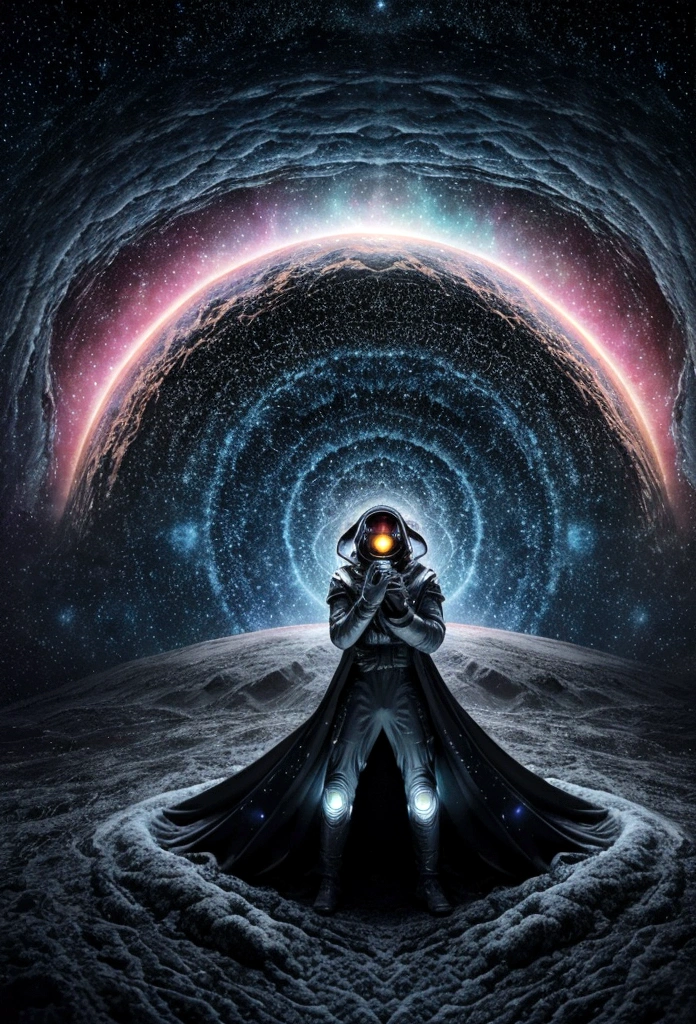 Create an image, which will depict a surreal space, covered with a complex and vibrant cosmic pattern. The pattern should include vortex galaxies, bright nebulae and shining stars against the backdrop of deep space. In the center is the figure of a man and all these cosmic vortices are pouring into his mind. The general atmosphere should evoke a feeling of an endless universe, meeting modern technologies in harmonious combination. high quality, hyperrealism, 8 k
