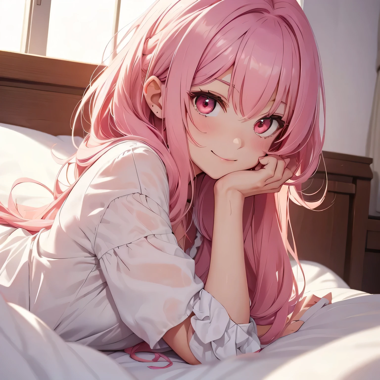 A girl with pink hair, red eyes is smiling and holding her slightly red cheeks while wearing white dress on a bed. 