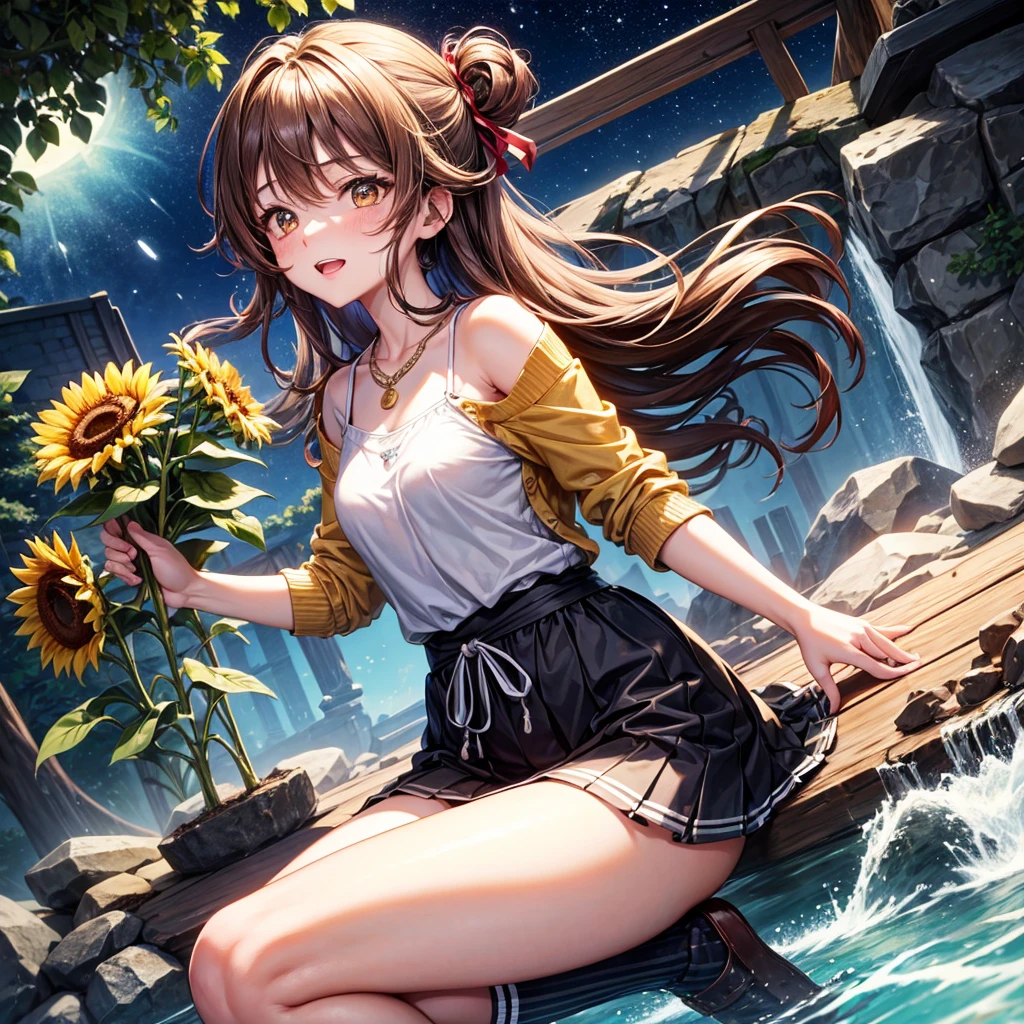 Red, brown, gold, gold hair、Golden Eyes、Hair tied up、One good looking girl、solo、anime、Checkered mini skirt、Ruffles on the skirt、camisole、Lightweight cardigan、Black knee-high socks、Wearing a baseball cap、Ribbon、Ribbon on waist、Teeth are visible、Silver coin necklace、From above、Sunflower Tunnel、Cobblestones、waterfall、Have sunflowers、Starry Sky、Midnight Moon、Winding Road、Unlocking、suspension bridge、Soap bubbles are flying