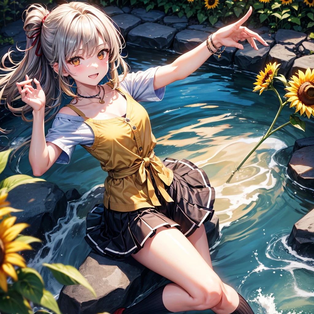 Red, brown, gold, gold hair、Golden Eyes、Hair tied up、One good looking girl、solo、anime、Checkered mini skirt、Ruffles on the skirt、camisole、Lightweight cardigan、Black knee-high socks、Wearing a baseball cap、Ribbon、Ribbon on waist、Teeth are visible、Silver coin necklace、From above、Sunflower Tunnel、Cobblestones、waterfall、Clear Stream、Have sunflowers、Midnight Moon、Winding Road、Unlocking、suspension bridge、Soap bubbles are flying