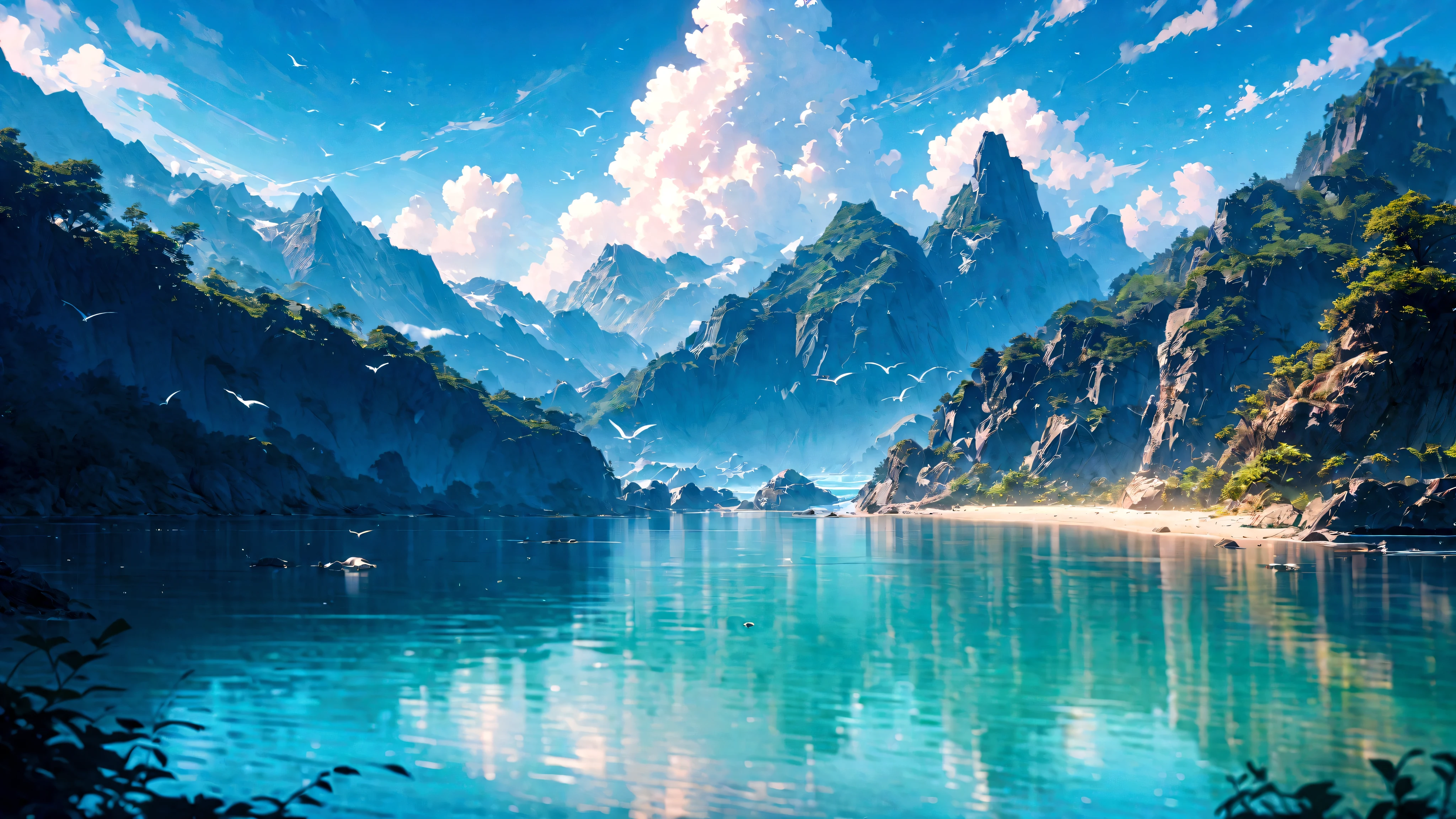((best quality,4K,8K,high resolution,masterpiece:1.2),Extremely detailed,(Practical,photoPractical,photo-Practical:1.37),(illustration : 1.0), Epic Composition, Realistic lighting, High-resolution details, masterpiece, Best quality, (Highly detailed CG integrated 8k wallpaper) , Chinese style(Chinese style illustrations)Blue sky,White Cloud,birds in the distance,Sea,Great prospects,Vision,landscape,Waves,peaceful,peaceful,fresh air,peaceful atmosphere,Endless Horizon,Vibrant colors,sky reflection on Sea surface,Lush greenery,The trees swayed,trunk,Mountains in the background,Magnificent beauty of nature,Land and sea,relaxing environment, Background only, Only the view,