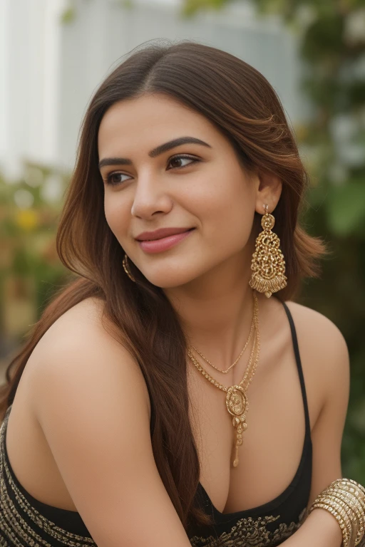 Day scene after having sex, low angle extreme close up photo of indian as bondage girl, open arms, sexy armpits, big cheeks, topless, Hollywood lips, bending over viewer in a garden, metal rope tied hardly, deepcut neckline, swooping breasts, deep cleavage unbuttoned shirt, ponytail hair, necklace, look at viewer and smile, (cinematic:1.3), intricate details, (ArtStation:1.2)