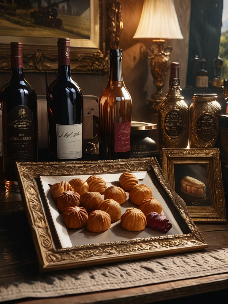 a masterpiece vintage still life, antique wine bottles and traditional Bordeaux cannelés pastries, vineyards in background, detailed glassware, ornate golden frame, dramatic chiaroscuro lighting, rich moody colors, cinematic composition, photorealistic, 8k, (best quality,4k,8k,highres,masterpiece:1.2),ultra-detailed,(realistic,photorealistic,photo-realistic:1.37),HDR,UHD,studio lighting,ultra-fine painting,sharp focus,physically-based rendering,extreme detail description,professional,vivid colors,bokeh