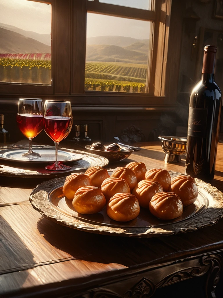a masterpiece vintage still life, antique wine bottles and traditional Bordeaux cannelés pastries, vineyards in background, detailed glassware, ornate golden frame, dramatic chiaroscuro lighting, rich moody colors, cinematic composition, photorealistic, 8k, (best quality,4k,8k,highres,masterpiece:1.2),ultra-detailed,(realistic,photorealistic,photo-realistic:1.37),HDR,UHD,studio lighting,ultra-fine painting,sharp focus,physically-based rendering,extreme detail description,professional,vivid colors,bokeh