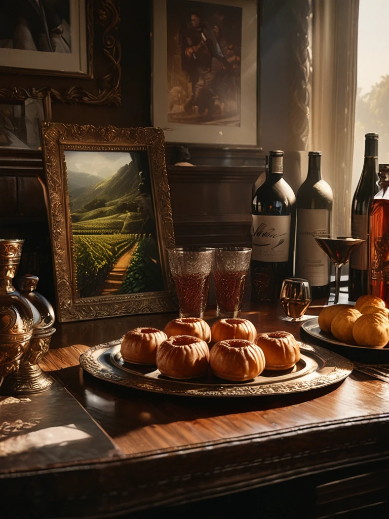 a masterpiece vintage still life, antique wine bottles and traditional Bordeaux cannelés pastries, vineyards in background, detailed glassware, ornate golden frame, dramatic chiaroscuro lighting, rich moody colors, cinematic composition, photorealistic, 8k, (best quality,4k,8k,highres,masterpiece:1.2),ultra-detailed,(realistic,photorealistic,photo-realistic:1.37),HDR,UHD,studio lighting,ultra-fine painting,sharp focus,physically-based rendering,extreme detail description,professional,vivid colors,bokeh