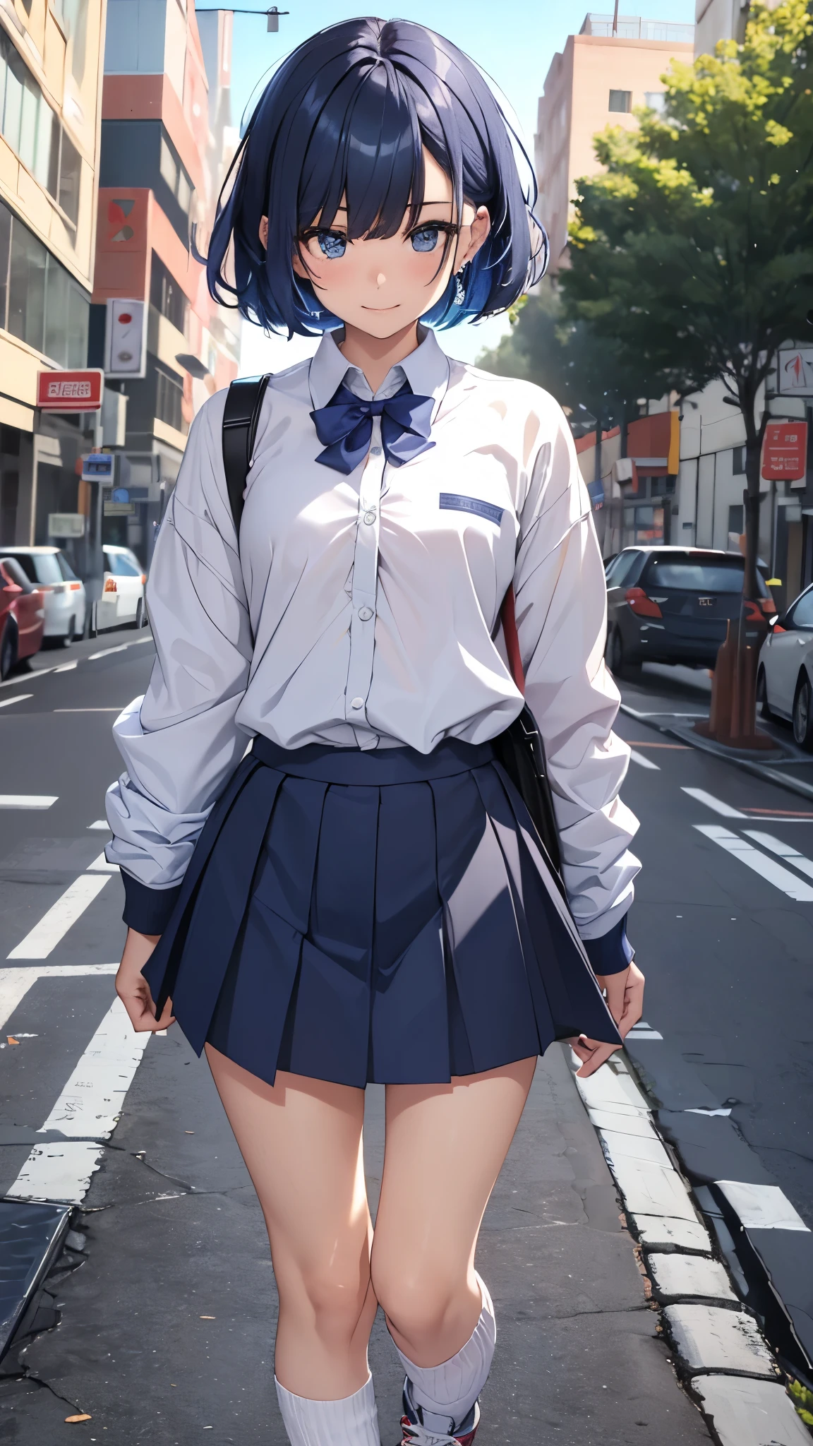 One 17 years old girl,short hair,blue hair mixed colored red hair,((seller suits,dark blue collar,white shirts,long sleeve,school,dark blue skirt,black skirt),rage,laugh,grin,slender body,socks,sneakers.