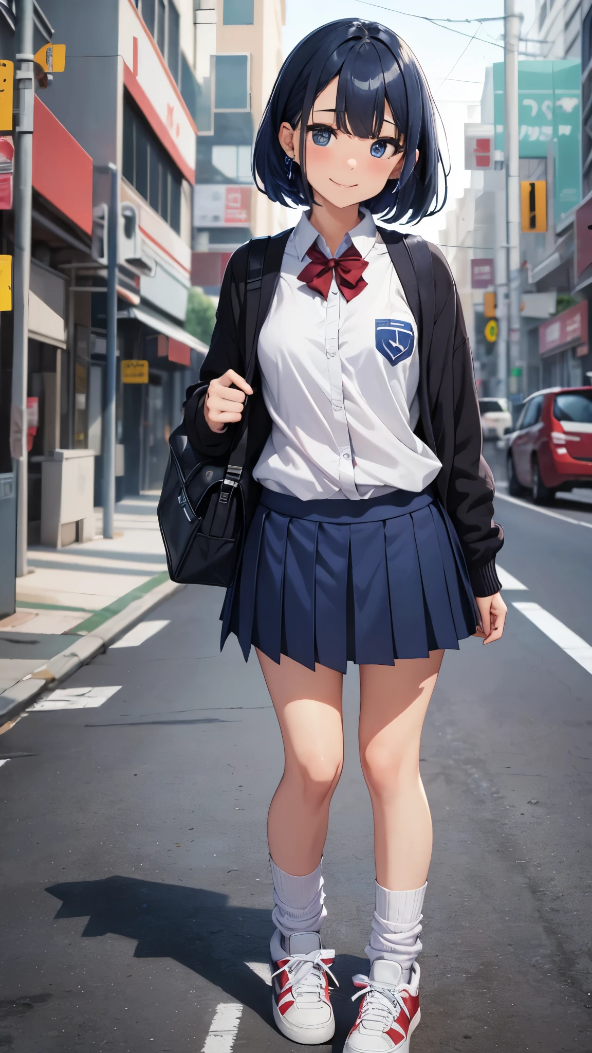 full body, cityscape sidewalk, walking, alone, solo, cute, cityscape, day, blue sky, (wind: 1.4), delicate face, small head, brown eyes, short sleeved uniform, silver-blue striped tie, blue tartan skirt, black tote bag, smile, happiness,