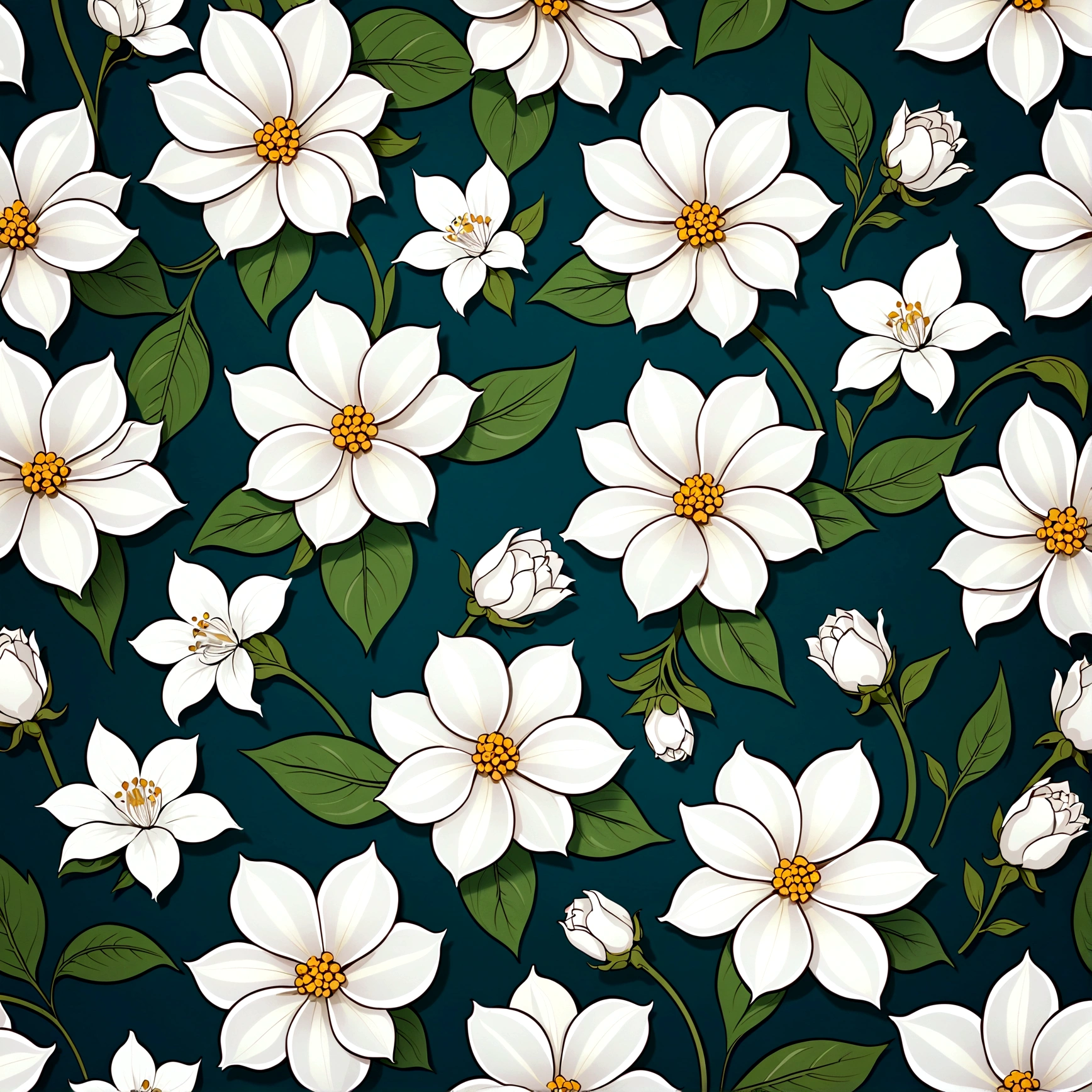 Repeating pattern , flat, 2d illustration,Digital printing, Solid color background, Empty Space, vector, Art Station, Digital printing, Very detailed and clean,White flowers,Hand drawn seamless pattern - tile - v 5