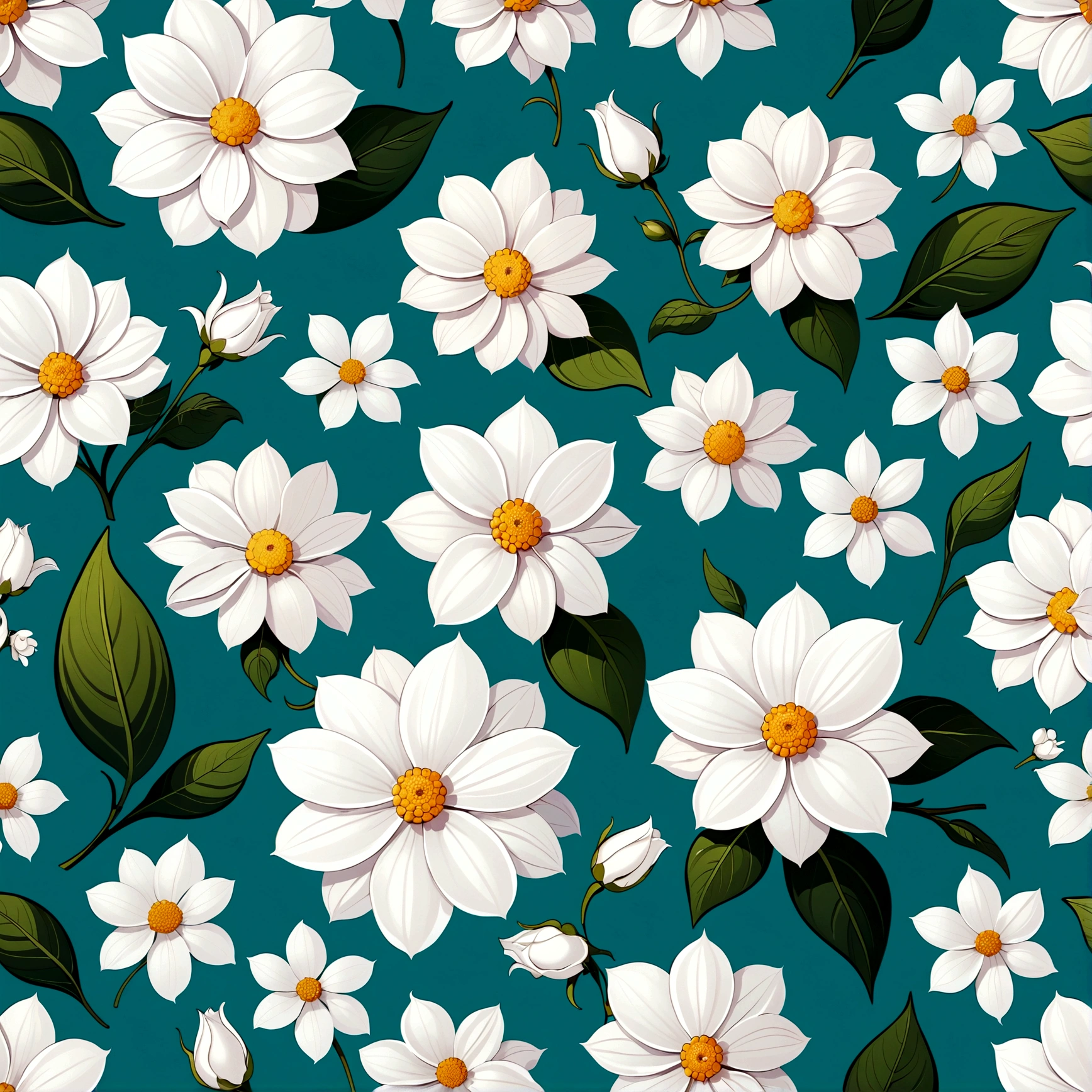Repeating pattern , flat, 2d illustration,Digital printing, Solid color background, Empty Space, vector, Art Station, Digital printing, Very detailed and clean,White flowers,Hand drawn seamless pattern - tile - v 5