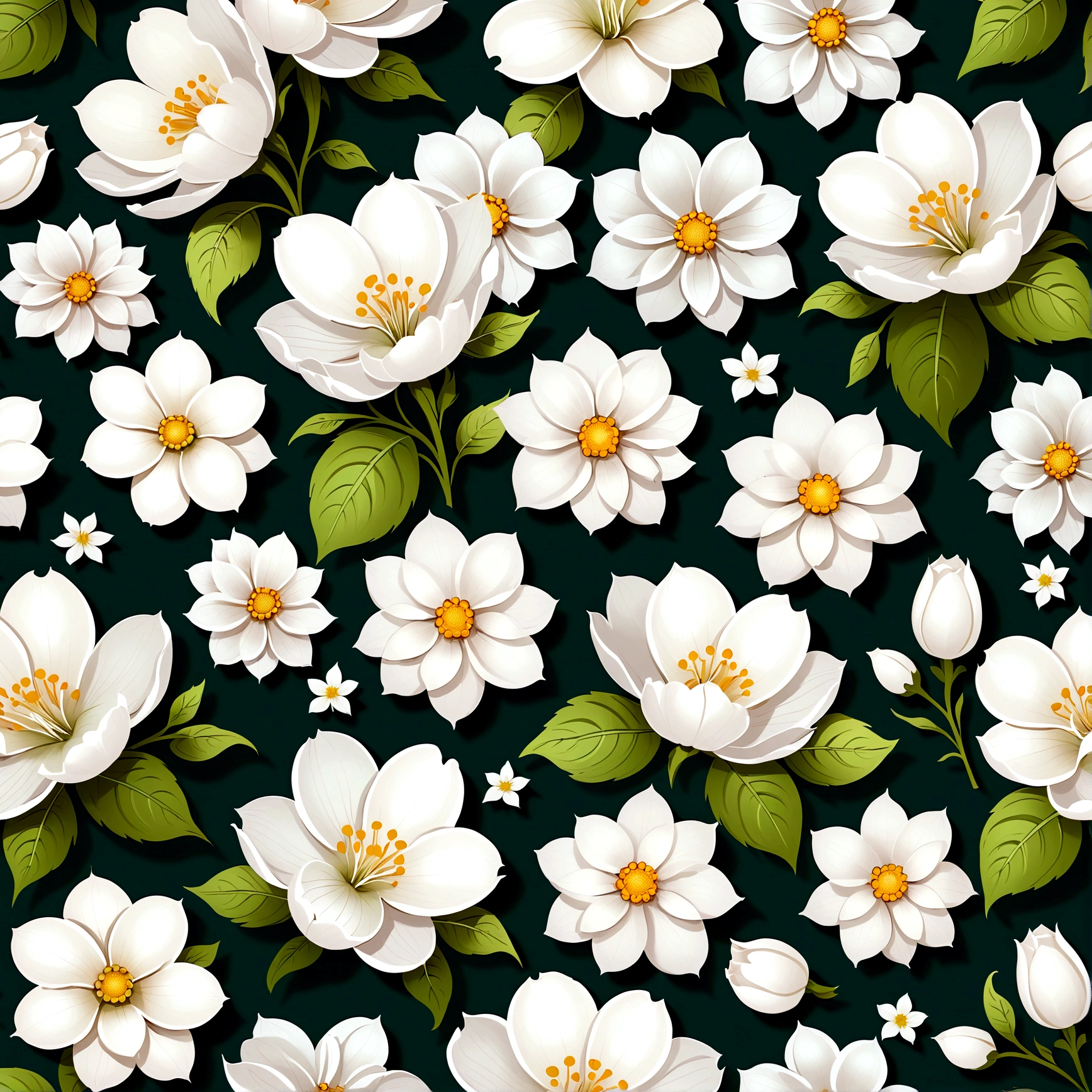 Repeating pattern , flat, 2d illustration,Digital printing, Solid color background, Empty Space, vector, Art Station, Digital printing, Very detailed and clean,White flowers,Hand drawn seamless pattern - tile - v 5