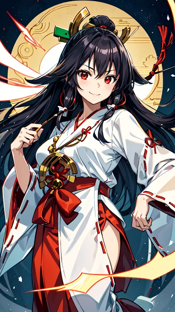 The image shows an illustrated character, likely from an anime or manga. The character has long dark hair and is wearing a traditional shrine maiden (miko) outfit, consisting of a white top (haori) with red accents and a red skirt (hakama). The character is holding what appears to be a bow without the string, and there are white ribbon-like effects surrounding the character, suggesting movement or a magical element. The face of the character has been pixelated to obscure it. The character has no accessories. Please create the new illustration in a soft, pencil-drawn style based on this description. With a smile on your face