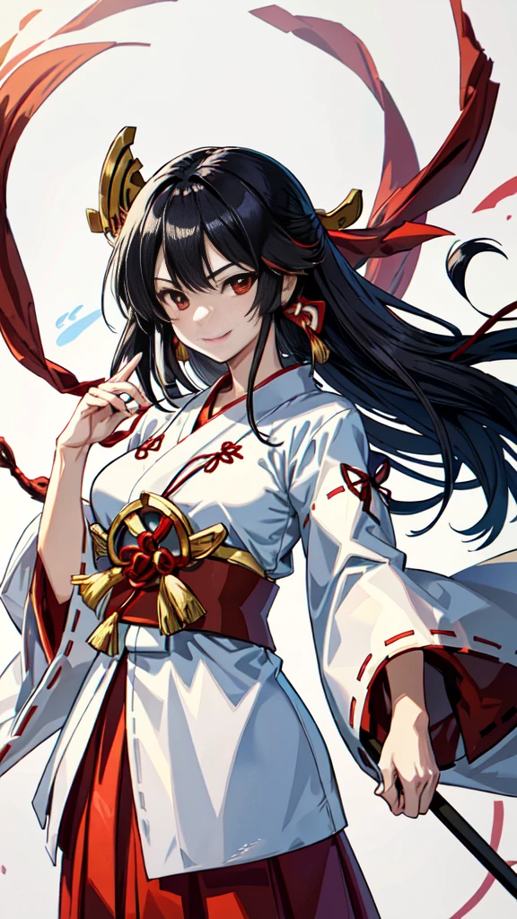 The image shows an illustrated character, likely from an anime or manga. The character has long dark hair and is wearing a traditional shrine maiden (miko) outfit, consisting of a white top (haori) with red accents and a red skirt (hakama). The character is holding what appears to be a bow without the string, and there are white ribbon-like effects surrounding the character, suggesting movement or a magical element. The face of the character has been pixelated to obscure it. The character has no accessories. Please create the new illustration in a soft, pencil-drawn style based on this description. With a smile on your face