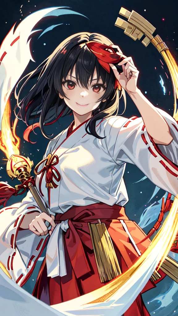 The image shows an illustrated character, likely from an anime or manga. The character has long dark hair and is wearing a traditional shrine maiden (miko) outfit, consisting of a white top (haori) with red accents and a red skirt (hakama). The character is holding what appears to be a bow without the string, and there are white ribbon-like effects surrounding the character, suggesting movement or a magical element. The face of the character has been pixelated to obscure it. The character has no accessories. Please create the new illustration in a soft, pencil-drawn style based on this description. With a smile on your face