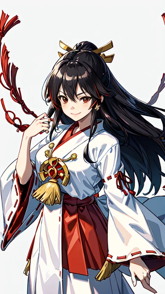 The image shows an illustrated character, likely from an anime or manga. The character has long dark hair and is wearing a traditional shrine maiden (miko) outfit, consisting of a white top (haori) with red accents and a red skirt (hakama). The character is holding what appears to be a bow without the string, and there are white ribbon-like effects surrounding the character, suggesting movement or a magical element. The face of the character has been pixelated to obscure it. The character has no accessories. Please create the new illustration in a soft, pencil-drawn style based on this description. With a smile on your face