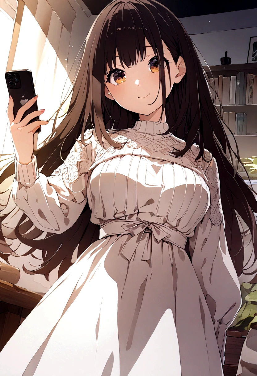 ((1girl)), super fine illustration, vibrant colors, absurdres extremely detailed CG, 8k wallpaper, (masterpiece:1.3), dynamic angle, dynamic pose,
best quality, depth of field, cinematic lighting, ultra detailed, brown long hair, very straight hair, large breast, white knit dress , 20yo, cute, kawaii, smile, droopy eyes, arms at sides, smartphone, modern living room, Pointing the smartphone screen