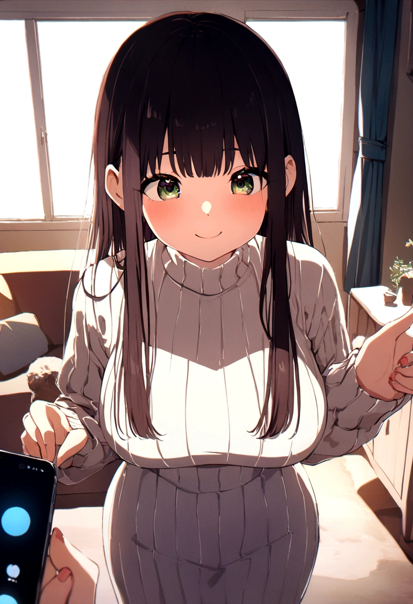 ((1girl)), super fine illustration, vibrant colors, absurdres extremely detailed CG, 8k wallpaper, (masterpiece:1.3), dynamic angle, dynamic pose,
best quality, depth of field, cinematic lighting, ultra detailed, brown long hair, very straight hair, large breast, white knit dress , 20yo, cute, kawaii, smile, droopy eyes, arms at sides, smartphone, modern living room, Pointing the smartphone screen