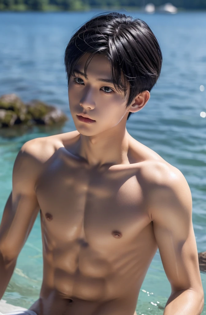 Two boys、-yeld boUpper body naked, White briefs ,Smooth Skin,lake,  Black Hair,   Thin、Beautiful Boy、Japanese、Dark Eyes