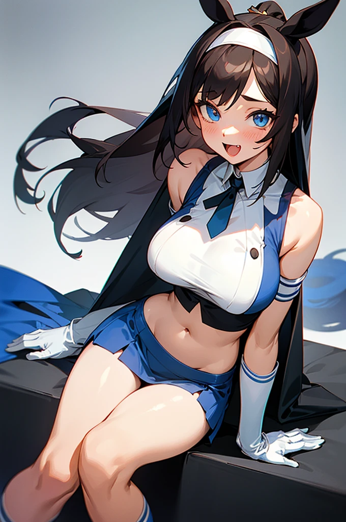 1 girl, solo, long hair, breasts, staring at viewer, blushing, smiling, open mouth, blue eyes, skirt, very large breasts, simple background, brown hair, shirt, knee socks, gloves, white background, navel, animal ears, exposed shoulders, collarbone, tail, ponytail, white hair, :d, thighs, colorful hair, hairband, sleeveless, elbow gloves, fangs, abdomen, striped, white gloves, two-tone hair, blue skirt, crop top, side bust, horse ears, horse girl, horse tail, black hair, hair accessory, gloves, sitting, yellow eyes, thighs, white gloves, exposed navel, thigh straps, heterochromia, skimpy clothing, nun, habit, bib, chest curtain