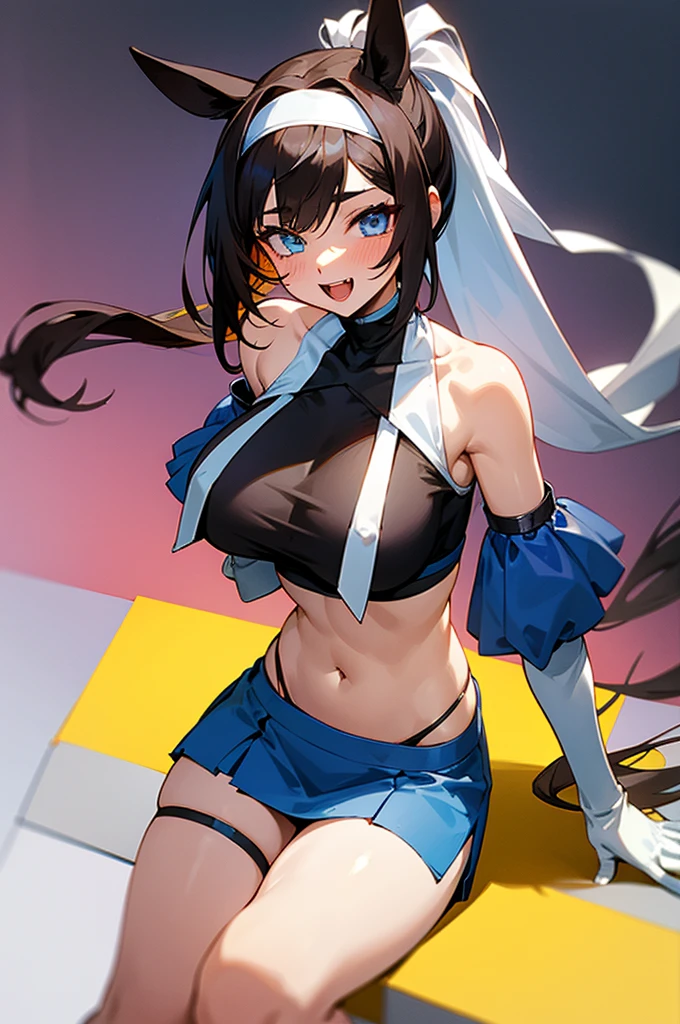 1 girl, solo, long hair, breasts, staring at viewer, blushing, smiling, open mouth, blue eyes, skirt, very large breasts, simple background, brown hair, shirt, knee socks, gloves, white background, navel, animal ears, exposed shoulders, collarbone, tail, ponytail, white hair, :d, thighs, colorful hair, hairband, sleeveless, elbow gloves, fangs, abdomen, striped, white gloves, two-tone hair, blue skirt, crop top, side bust, horse ears, horse girl, horse tail, black hair, hair accessory, gloves, sitting, yellow eyes, thighs, white gloves, exposed navel, thigh straps, heterochromia, skimpy clothing, nun, habit, bib, chest curtain
