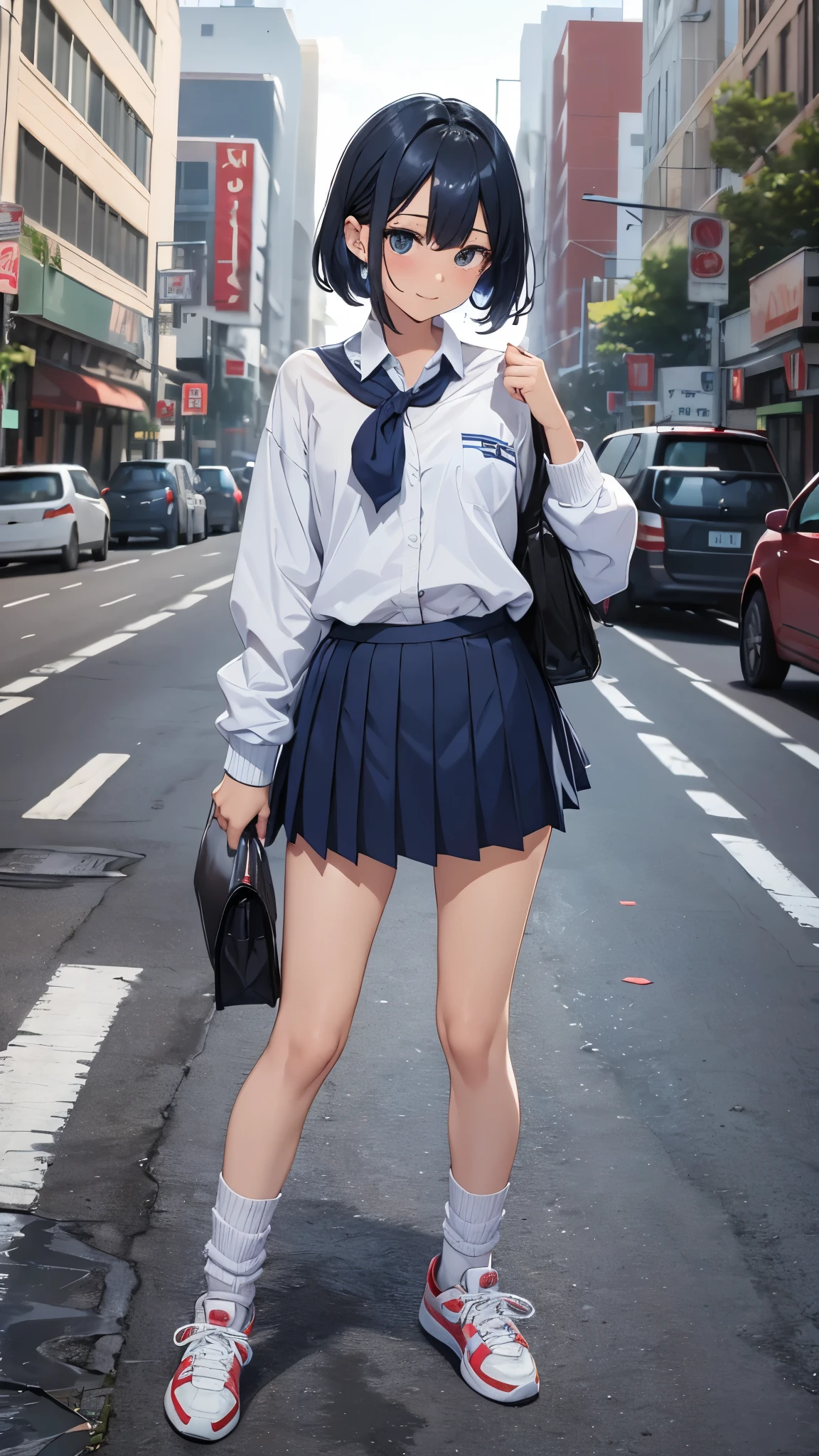 One 17 years old girl,short hair,blue hair mixed colored red hair,((seller suits,dark blue collar,white shirts,long sleeve,school,dark blue skirt,black skirt),rage,laugh,grin,slender body,socks,sneakers.