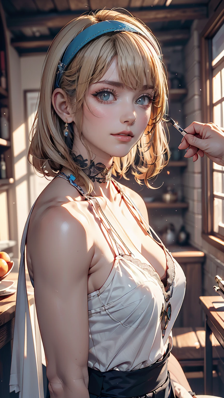 (8K, RAW Photos, Highest quality, masterpiece:1.2), (Realistic, photo-Realistic:1.37)、Venus Body、Having her hair done、 chest is popping out、Wear accessories on your wrist、Wearing accessories on the ankle、Background blur((depth of field)、smile、White women、Platinum Blonde、blue eyes、Vertical roll on one side((side drill))、high neck halter(high neck halter)wear、Wear mules、smile、Headband((hairband))、Wear a lace choker、Colored eyelashes((colored eyelashes))、Brush your hair back
