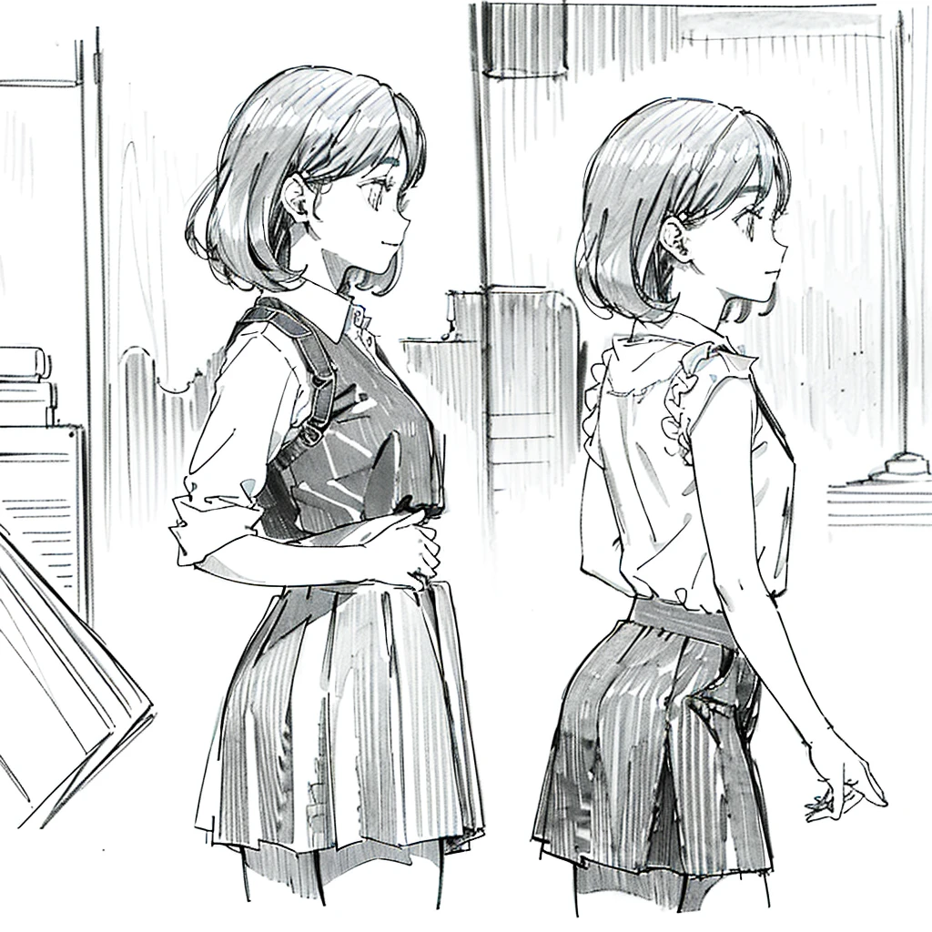 One Girl,Line art,Monochrome,sketch,Pencil drawing,Traditional Media,One Girl, skirt,Cute age Girls, ,Beautiful portrait、Delicate body、Black Hair、Black Hair,landscape (Multiple Views, Multiple Angles), Side view, Front view, look up, Look down, Rear View, 20-degree head view