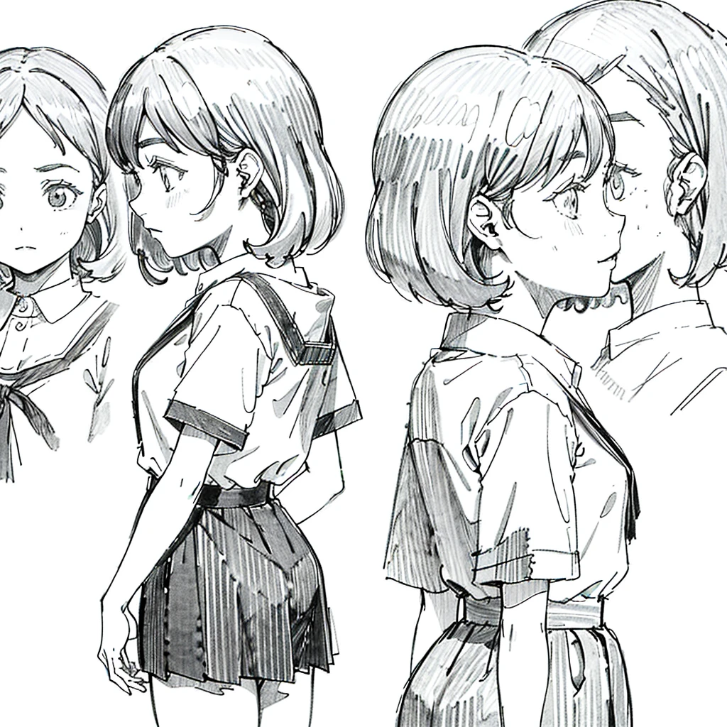 One Girl,Line art,Monochrome,sketch,Pencil drawing,Traditional Media,One Girl, skirt,Cute Teenage Girls, ,Beautiful portrait、Delicate body、Black Hair、Black Hair,landscape (Multiple Views, Multiple Angles), Side view, Front view, look up, Look down, Rear View, 20-degree head view