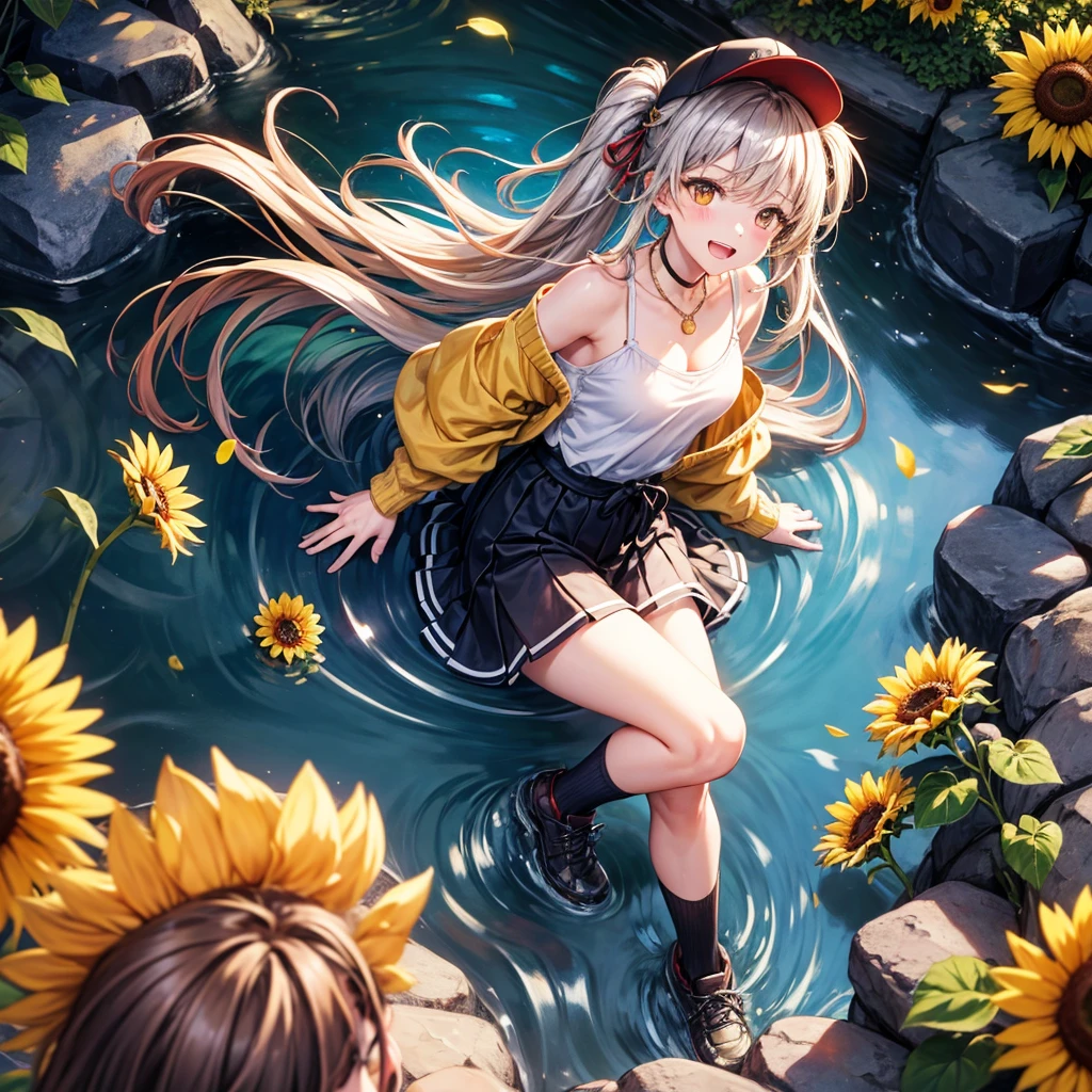 Red, brown, gold, gold hair、Golden Eyes、Hair tied up、One good looking girl、solo、anime、Checkered mini skirt、Ruffles on the skirt、camisole、Lightweight cardigan、Black knee-high socks、Wearing a baseball cap、Ribbon、Ribbon on waist、Teeth are visible、Silver coin necklace、From above、Sunflower Tunnel、Cobblestones、waterfall、Have sunflowers、Starry Sky、Midnight Moon、Winding Road、Unlocking、suspension bridge、Soap bubbles are flying