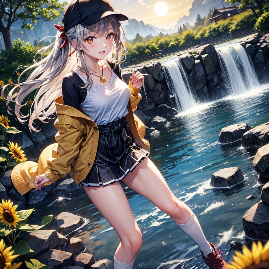 Red, brown, gold, gold hair、Golden Eyes、Hair tied up、One good looking girl、solo、anime、Checkered mini skirt、Ruffles on the skirt、camisole、Lightweight cardigan、Black knee-high socks、Wearing a baseball cap、Ribbon、Ribbon on waist、Teeth are visible、Silver coin necklace、From above、Sunflower Tunnel、Cobblestones、waterfall、Have sunflowers、Starry Sky、Midnight Moon、Winding Road、Unlocking、suspension bridge、Soap bubbles are flying