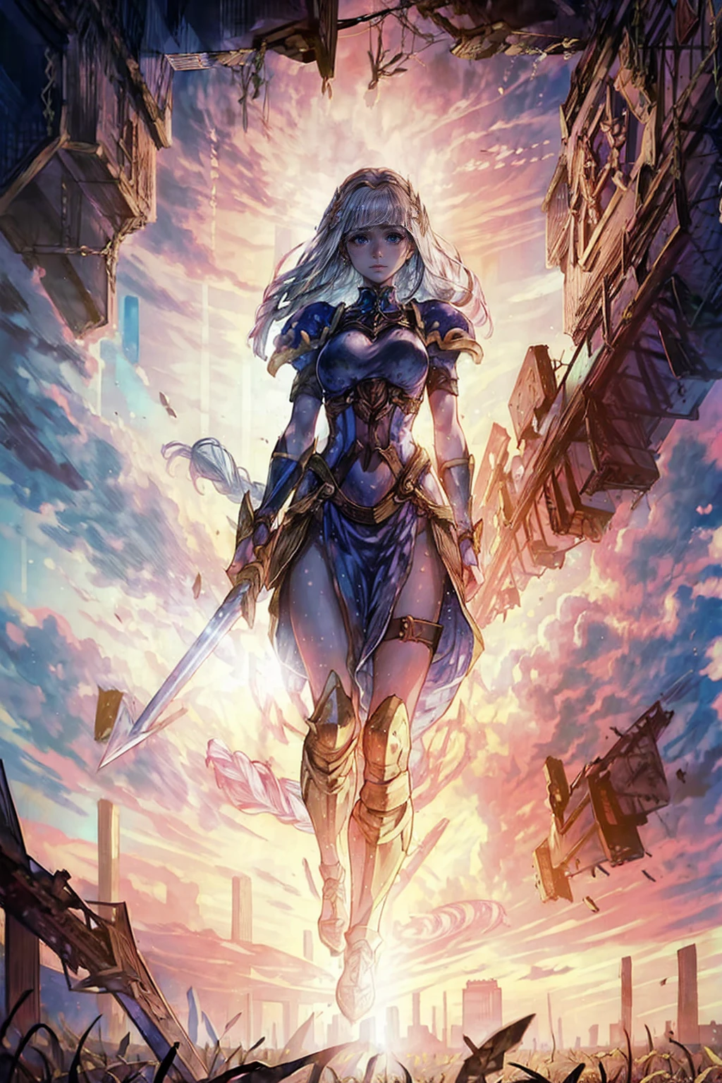 ((Woman, standing on a ruined building, close-up, realistic)) realistic visuals, artistic sophistication, captivating beauty, dramatic contrasts, 8k wallpaper, absurdity, incredible absurdity, golden armor, gadaxintai gaodanvshen, (holding silver sword)), hair floating in the air, ((in battle))