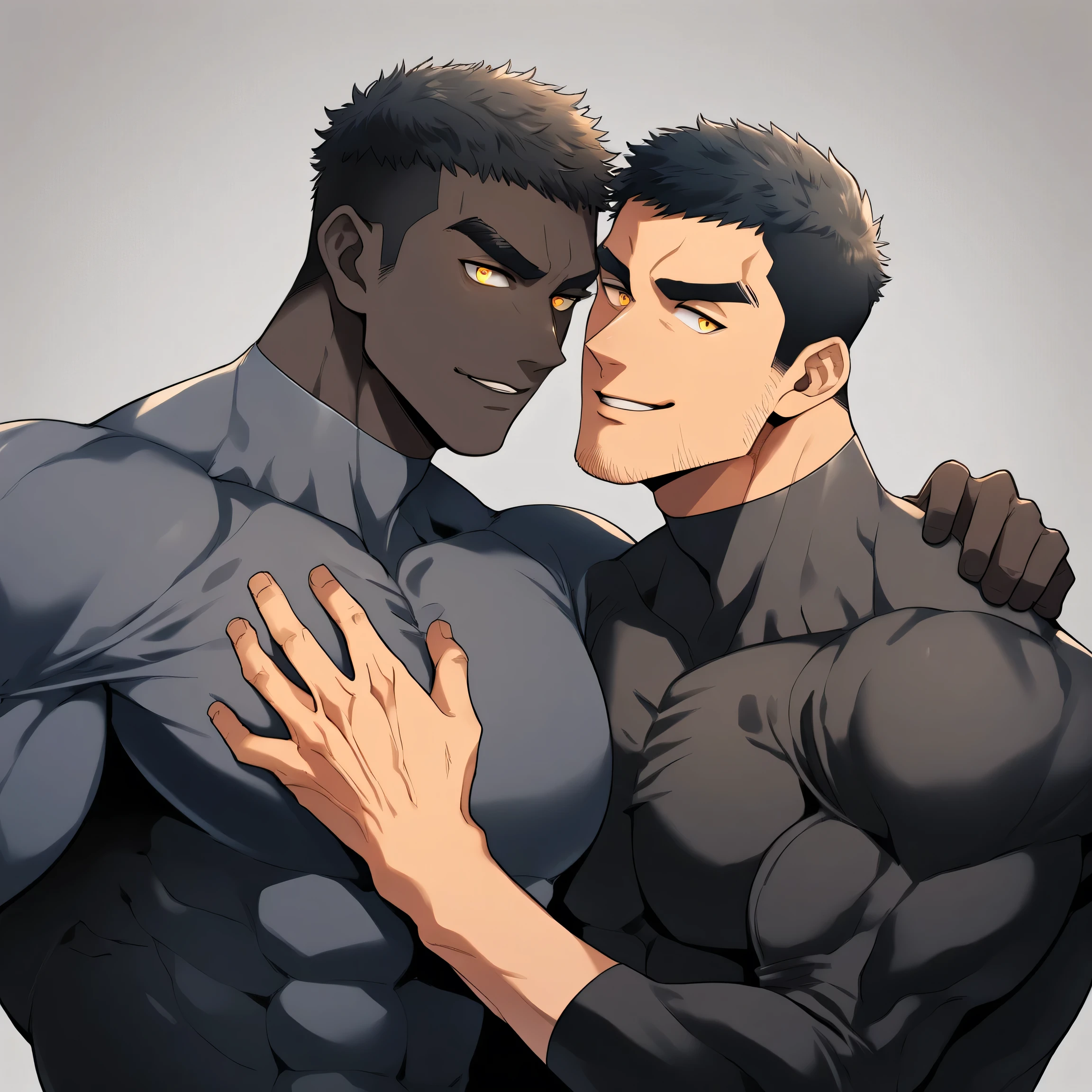 anime characters：Two superheroes in tights, Muscle superhero, negro black skin, They hugged and kissed each other, Bite your neck, Caress, Manliness, male focus, Yellow and black high collar long sleeve tight T-shirt, Slightly transparent material, Very tight, Round, full and perky chest muscles, Muscle waist, Slightly transparent, muscular male, muscular, only, Upper body, alone, Black short hair, Thick eyebrows, stubble, Yellow eyes, Grey background, simple background, amazing quality, best aesthetics, Ridiculous, bright pupils, crew cut, parted lips, seductive smile, torogao, naughty face, drop shadow, best quality