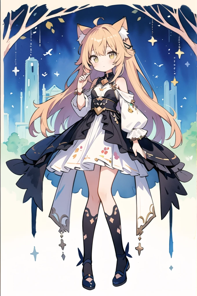 masterpiece, Highest quality, Cat ears girl, High leg, peaceful, colorful, Iris Compié, watercolor \(Moderate\)