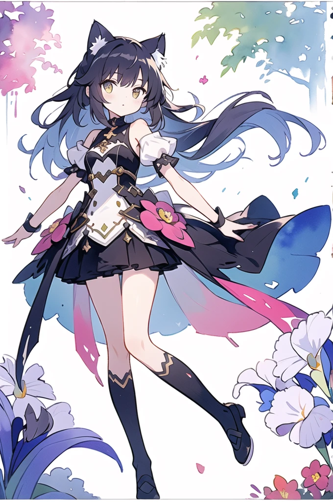 masterpiece, Highest quality, Cat ears girl, High leg, peaceful, colorful, Iris Compié, watercolor \(Moderate\)