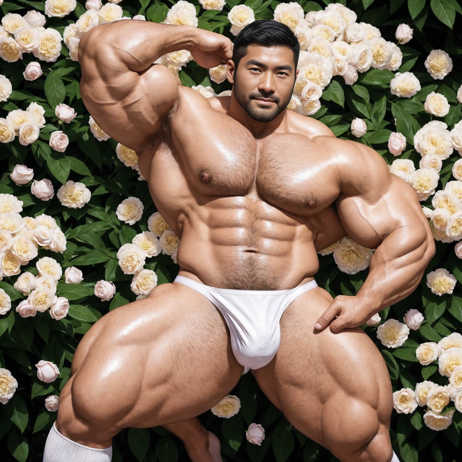 There is only one handsome Asian actor in the photo，35 years old，High target, Fitness，short hair, O-Shaped Beard，Perfect body, Dark skin color，Radiant Skin，Smooth skin，Shiny, shiny skin，Smooth pectoral muscles，No chest hair，No body hair，Muscle bulge, muscular, Very large pectoral muscles，Very sexy abdominal muscles，Very well-developed leg muscles，Huge concave and convex area，Brightens oily skin，Wearing a white leather shiny thong，Handsome face， Correct and accurate male body proportions, Wear white socks，Put your hands behind your back，Stand among the flowers，Flowers bloom all around。
