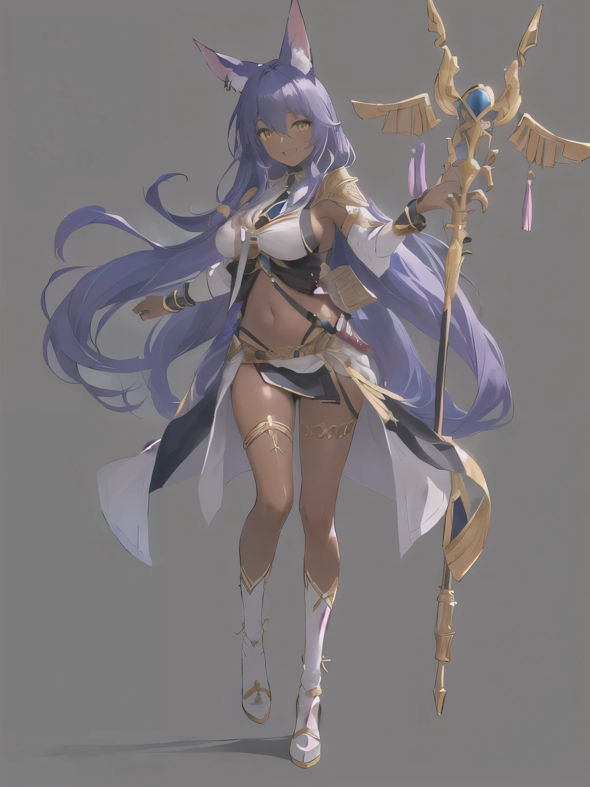 1girl, breasts, dark-skinned female, long hair, solo, dark skin, animal ears, yellow eyes, large breasts, very long hair, grey background, staff, jackal ears, full body, egyptian clothes, jewelry, navel, tattoo, purple hair, egyptian, simple background, open mouth, looking at viewer, usekh collar, earrings, low-tied long hair, smile, holding, revealing clothes, standing, holding staff, blue hair, blush, ankh