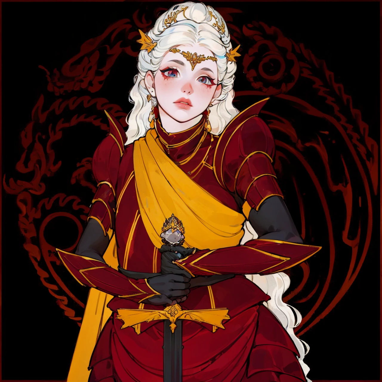 Girl with white wavy hair,side braids,beautiful necklace, Targaryen women hairstyle,beautiful gold tiara, red and black dress