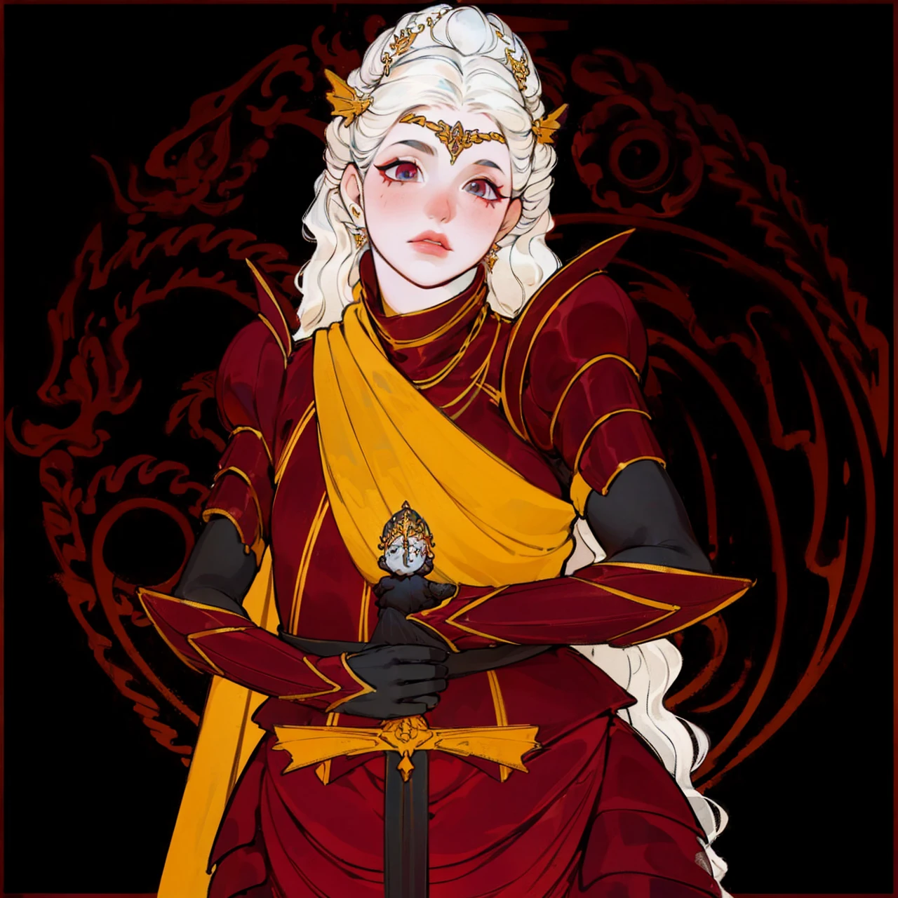 Girl with white wavy hair,side braids,beautiful necklace, Targaryen women hairstyle,beautiful gold tiara, red and black dress