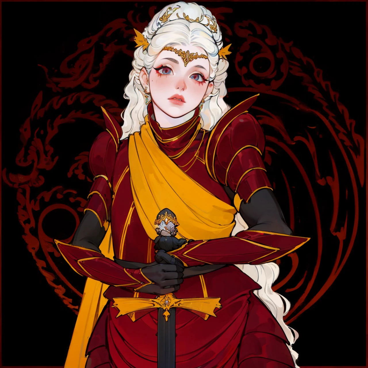 Girl with white wavy hair,side braids,beautiful necklace, Targaryen women hairstyle,beautiful gold tiara, red and black dress