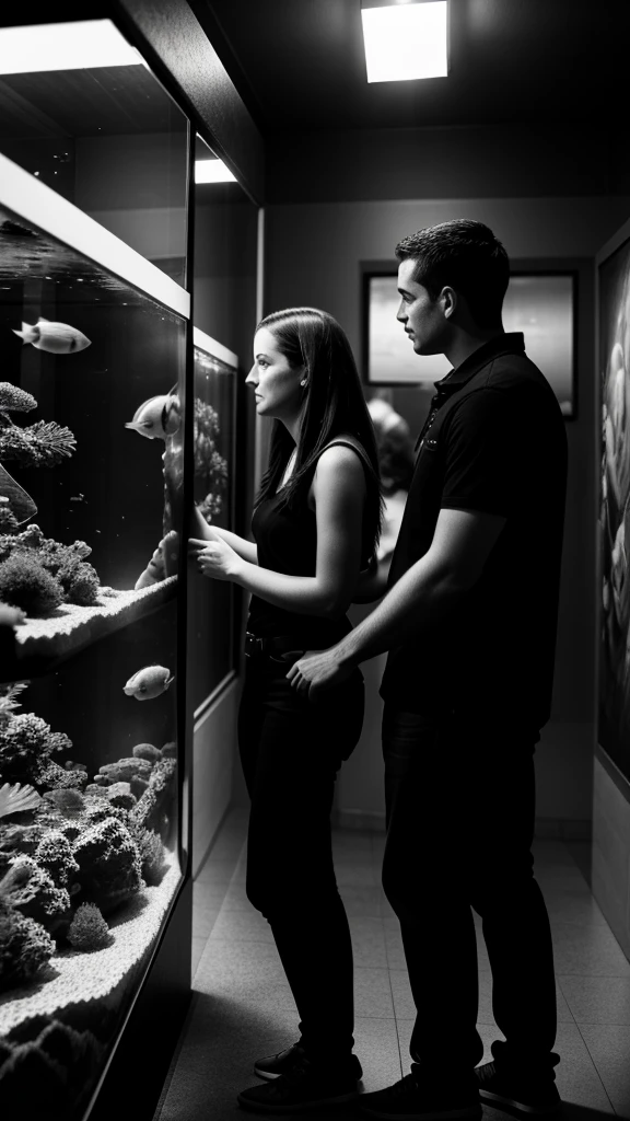 Couple,White people,Black and white photography,young,Aquarium Date