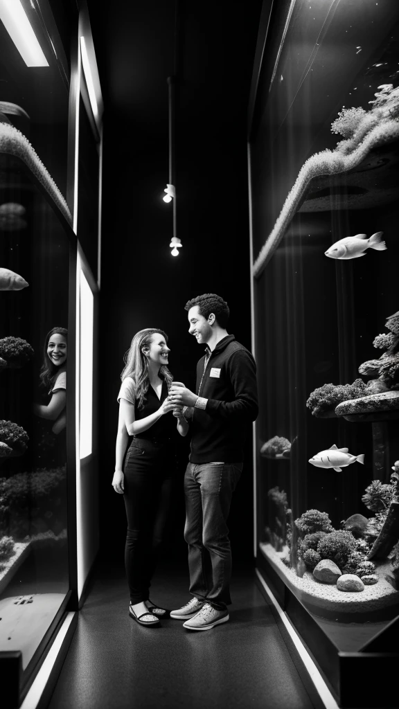 Couple,White people,Black and white photography,young,Aquarium Date