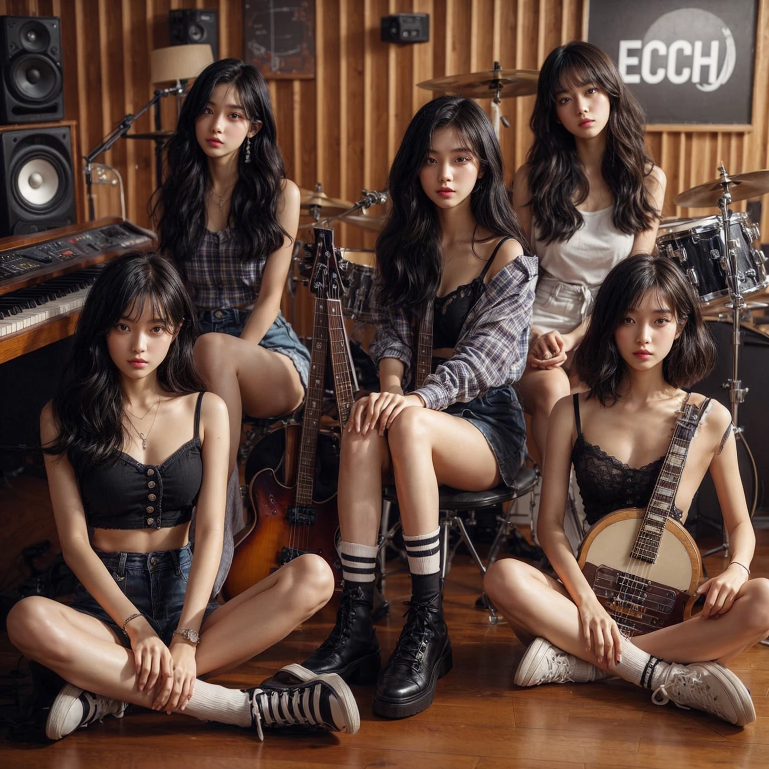 **Photo of 5 beautiful girls sitting:**
- **3 girls with messy black hair**
- **2 girls with wavy bob hair**
One girl is playing the drums, one girl is playing the piano, one girl is playing the bass guitar, one girl is playing the guitar, and one girl is singing. They are sitting behind a board with the word "ECHO" written on it. The background is a music studio, complete with drums, guitars, bass guitar, and piano. The image is ultra HD, 4k, and realistic.