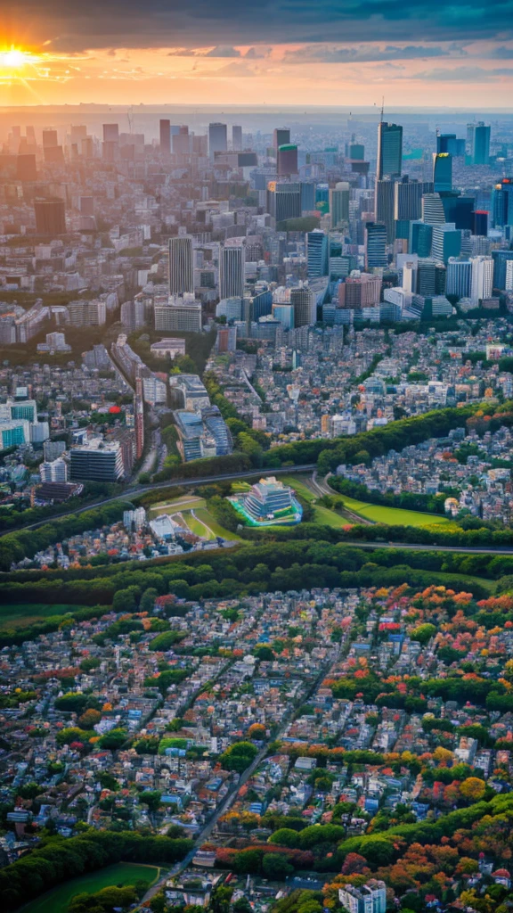 a view of a city with tall buildings and a green park, a picture by Naondo Nakamura, unsplash, sōsaku hanga, tokyo japan,    arafed view of a field of flowers with a sunset in the background, floral sunset, warm beautiful scene, beautiful sunrise, flowers sea everywhere, sunset warm spring, beautiful sunset, magnificent background, vibrant sunrise, beautiful sunset glow, breathtaking landscape, stunning sunset, field of flowers, at sunrise in springtime, sunset glow, beautiful sunrise lighting, flower field, sunset sunrise  tokyo city, tokyo city in the background, tokio, tokyo, japanese city, tokyo prefecture, new tokyo, aerial view of a city, tokyo in the background, bird's eye view of a city