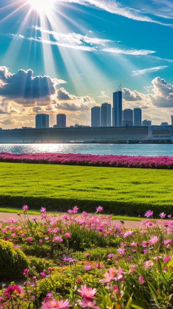 a close up of a field of flowers with a sky in the background, god's rays highly detailed, rays of life, god's rays, rays of god,    there is a picture of a beach with a pier in the distance, today\'s featured photograph 4k, clouds and wings and waves, clouds and waves, oceanside, crisp lines, harmony of swirly clouds, epic blue sky,    a view of a city with tall buildings and a green park, tokyo japan, tokyo city, tokyo city in the background, tokio, tokyo, japanese city, tokyo prefecture, new tokyo, aerial view of a city, tokyo in the background, bird's eye view of a city, modern tokyo, japanese downtown, osaka skyline background, in tokio, shinjuku seascape, heaven on earth, wide angle landscape photography, epic wide angle, wispy clouds, big sky, big blue sky god sun rays, few sun rays, rays of god shining from above, rays of the sun, sun rays at sunset, rays of sunlight, godly light, rays of sunlights, rays of sun