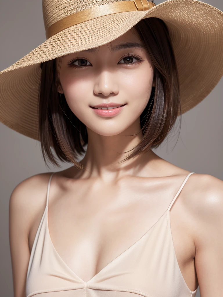 Highest quality, Realistically, Very detailed, Thin pubic hair, High resolution, Plain background，8k wallpaper, One beautiful woman,,Light brown short hair, Unusual angles、Wear a hat casually, Lock Focus, Perfect dynamic composition, Beautiful Eyes, Delicate hair, 细致Realistically的皮肤纹理, smile, Close-up portrait, Model Body Type