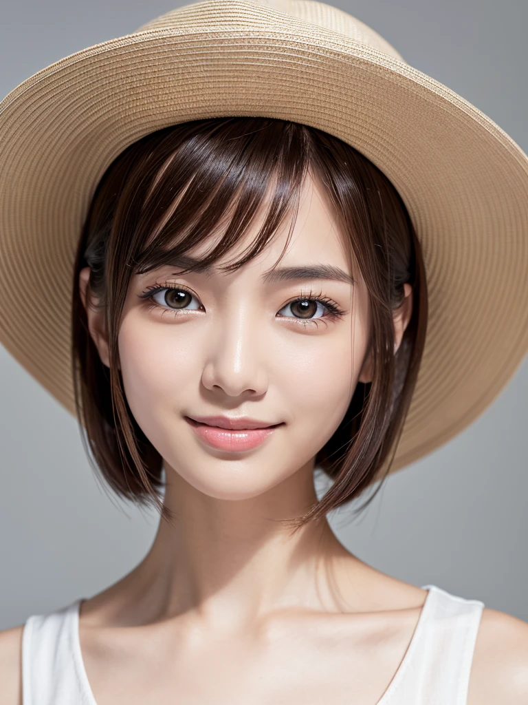 Highest quality, Realistically, Very detailed, Thin pubic hair, High resolution, Plain background，8k wallpaper, One beautiful woman,,Light brown short hair, Unusual angles、Wear a hat casually, Lock Focus, Perfect dynamic composition, Beautiful Eyes, Delicate hair, 细致Realistically的皮肤纹理, smile, Close-up portrait, Model Body Type