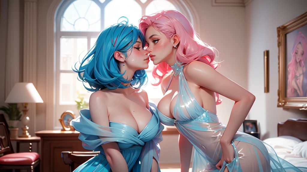 Best Quality, Masterpiece, Portrait, Perfect Anatomy, Femininity, Cool, Flawless, , Solo, Sexy, Stylish, Mature, Long Light pink Hair, Mole Above Lip, Red Lipstick, Big Breasts, Kissing Another Girl with Light blue hair,against the background of the room, in transparent dresses, add brightness