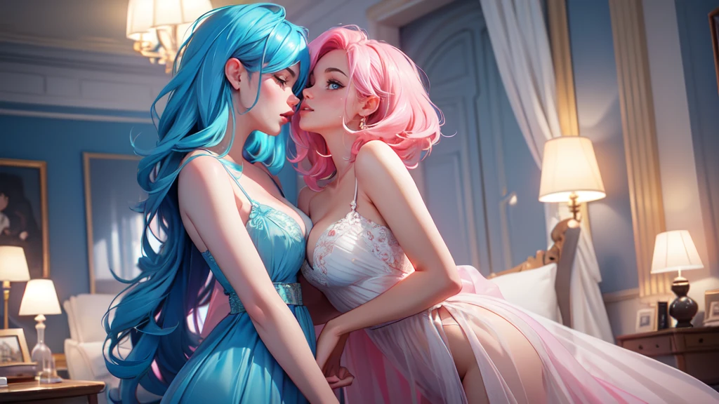 Best Quality, Masterpiece, Portrait, Perfect Anatomy, Femininity, Cool, Flawless, , Solo, Sexy, Stylish, Mature, Long Light pink Hair, Mole Above Lip, Red Lipstick, Big Breasts, Kissing Another Girl with Light blue hair,against the background of the room, in transparent dresses, add brightness