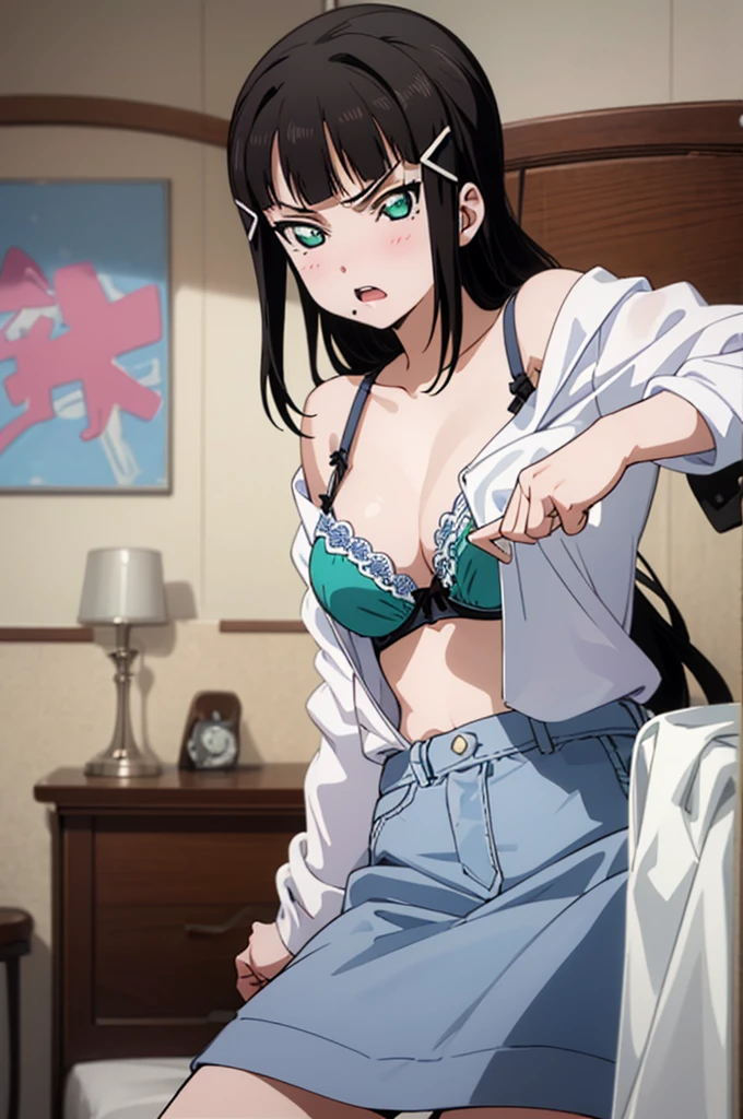 (masterpiece, best quality), 1girl, dia kurosawa,angry,bra,panties,my room,,,petie,